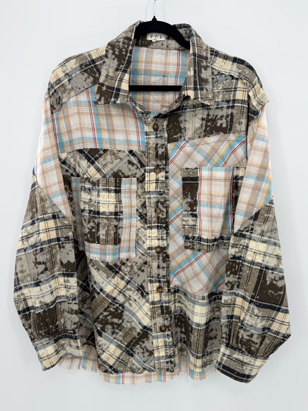 POL Patchwork Plaid Distressed Flannel Shirt Shacket Boho Grunge Size S - Picture 2 of 8